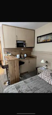a small kitchen with a counter and a microwave at Apartmani Dušica Konaci Kopaonik in Kopaonik