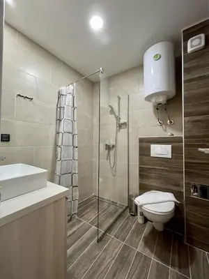 a bathroom with a shower and a toilet and a sink at Milmari N69 in Kopaonik