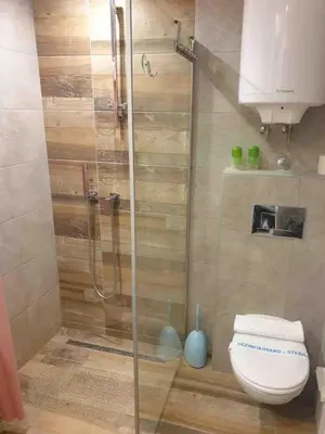 a bathroom with a shower with a toilet and a sink at Apartman Premier 32 Milmari in Kopaonik