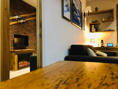 a living room with a couch and a fireplace at Sunside Oak - 206 in Kopaonik