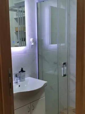 a bathroom with a sink and a glass shower at Bankovic Apartman in Vrnjačka Banja