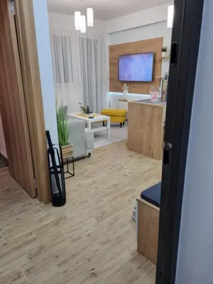a view of a living room with a kitchen and a living room at Bankovic Apartman in Vrnjačka Banja