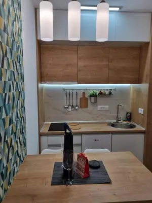 a kitchen with a wooden table and a sink at Bankovic Apartman in Vrnjačka Banja