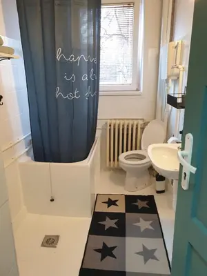 a bathroom with a toilet and a blue shower curtain at Apartman Park Jagodina-studio u centru grada FREE parking in Jagodina