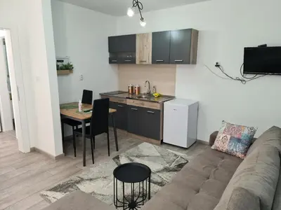 a living room with a couch and a table and a kitchen at IN Apartmani in Kruševac