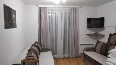a living room with a couch and a television at Apartman Studio Lux u Kraljevim Čardacima in Kopaonik