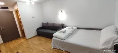 a bedroom with a large bed and a couch at Apartman Studio Lux u Kraljevim Čardacima in Kopaonik