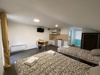 a room with two beds and a table in it at Vila Nika in Crni Vrh