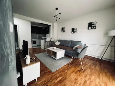 a living room with a couch and a tv at Apartman Lux in Vranje