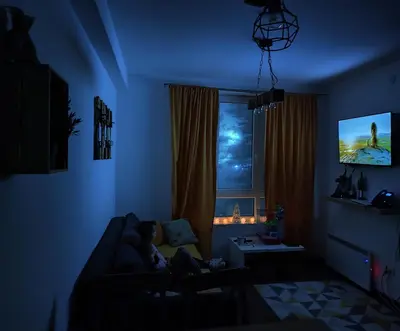 a person sitting on a couch in a dark room at Apartman Paunovi Čardaci sa garažnim mestom in Kopaonik