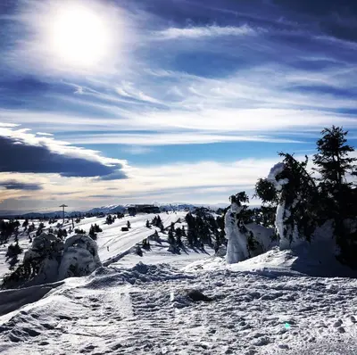 a snow covered slope with trees and the sun in the sky at Vila Montana Kopaonik Apartman 6 in Kopaonik