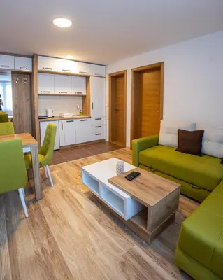 a living room with a green couch and a table at SUNČANI BREG RESORT & SPA apartment 14 Kopaonik in Kopaonik
