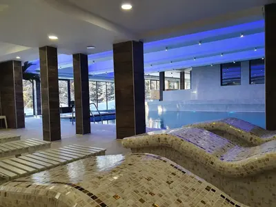 a bedroom with a bed and a swimming pool at SUNČANI BREG RESORT & SPA apartment 14 Kopaonik in Kopaonik