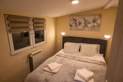 a small bedroom with a bed and a window at Apartmani SP Jovanovic in Crni Vrh
