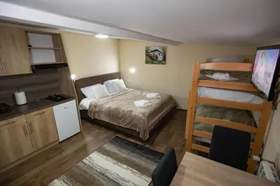 a small room with a bed and a bunk bed at Apartmani SP Jovanovic in Crni Vrh