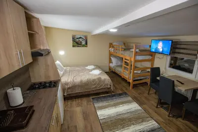 a small bedroom with a bed and a bunk room at Apartmani SP Jovanovic in Crni Vrh