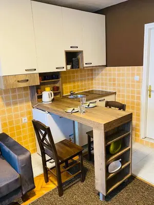 a kitchen with a wooden table and two chairs at Sofi Apartment Nis in Niš