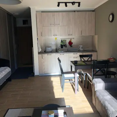 a living room with a table and a kitchen at Apartman 217 in Kopaonik