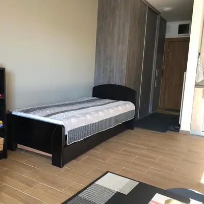 a bedroom with a bed in the corner of a room at Apartman 217 in Kopaonik