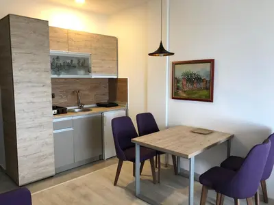 a kitchen with a wooden table and purple chairs at Studio apartman p13 in Kopaonik