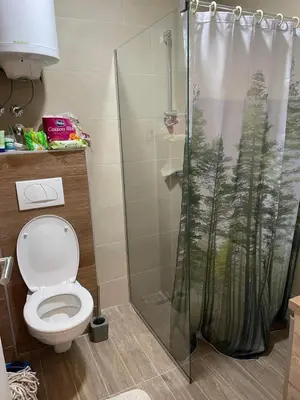 a bathroom with a shower with a toilet at Studio apartman p13 in Kopaonik