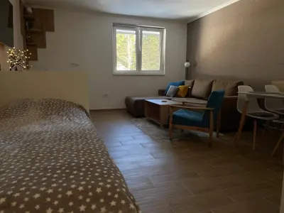 a living room with a couch and a table at Vili.Kop studio in Kopaonik