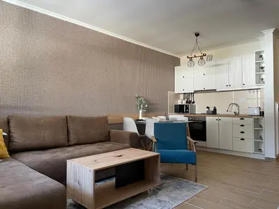 a living room with a couch and a kitchen at Vili.Kop studio in Kopaonik