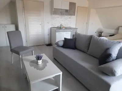 a living room with a couch and a table at Family Apartmani Le in Leskovac