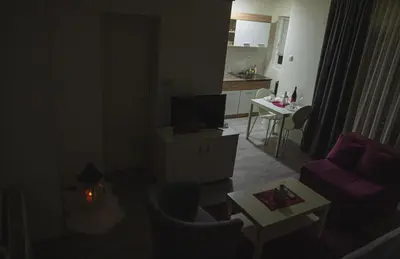 a living room with a couch and a tv and a table at Family Apartmani Le in Leskovac