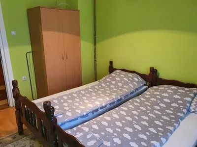 two twin beds in a bedroom with green walls at Smestaj Boki in Soko Banja