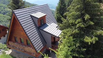an overhead view of a small house in the mountains at Vista Mountain House in Kopaonik