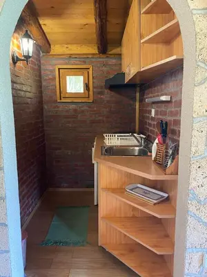 a kitchen with a sink and a brick wall at Smestaj Milovanovic in Soko Banja