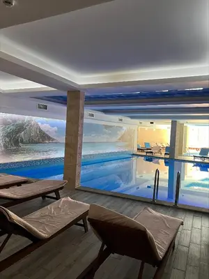 a swimming pool with a painting on the wall at Milmari Apartman Haski N55 in Kopaonik