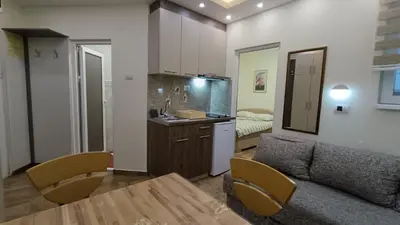 a kitchen and a living room with a couch and a table at Vila Plan Karaman greben in Raška