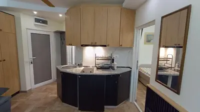 a kitchen with a sink and a counter top at Vila Plan Karaman greben in Raška