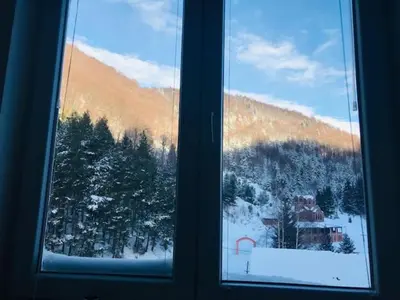 a window with a view of a snow covered mountain at Studio-Apartman Dream018 in Brzeće