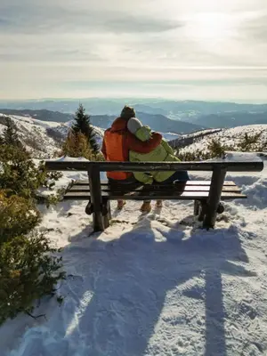 a person sitting on a bench in the snow at Villa Teodora in Kopaonik