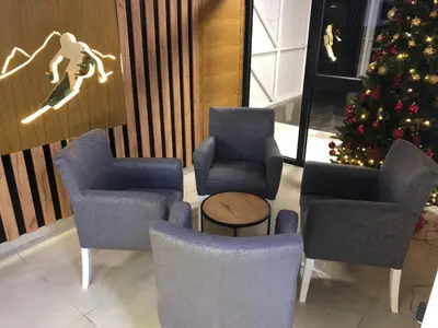 a room with a christmas tree and chairs and a christmas tree at Apartmani A in Kopaonik