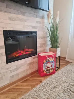 a living room with a fireplace and a red suitcase at Happy Moments in Vrnjačka Banja