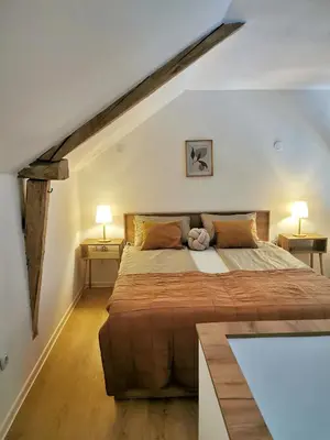 a bedroom with a large bed and two lamps at My Place Apartmani in Krivi Vir