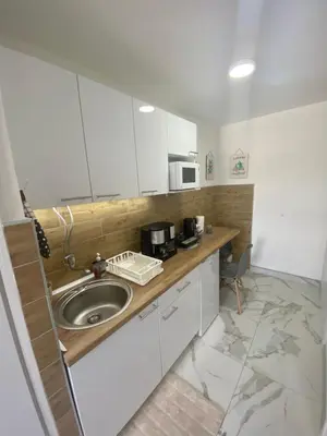 a kitchen with a sink and a microwave at Apartman Bonaca in Niš