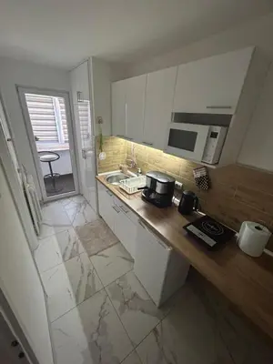 a kitchen with a counter with a sink and a microwave at Apartman Bonaca in Niš