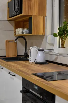 a kitchen with a wooden counter top with a sink at STIV Apartmani in Lukovo