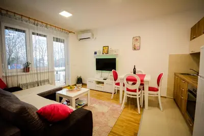 a living room with a couch and a table and chairs at Apartman Pašajlić in Vrnjačka Banja