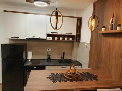 a kitchen with a black refrigerator and a wooden table at Iznad oblaka A6 in Kopaonik