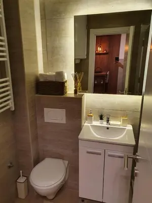 a bathroom with a white toilet and a sink at Iznad oblaka A6 in Kopaonik