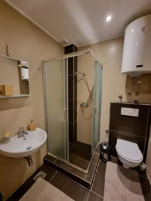 a bathroom with a shower and a toilet and a sink at Apartman Zupa 112 in Kopaonik