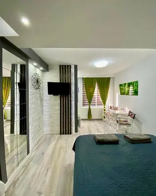 a bedroom with a large bed and a living room at STUDIO Vladana in Kruševac