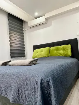 a bedroom with a large bed with a green pillow at STUDIO Vladana in Kruševac