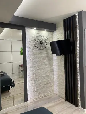 a bedroom with a stone wall with a tv on the wall at STUDIO Vladana in Kruševac
